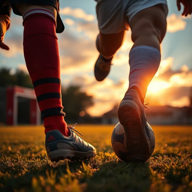 Footballers on the pitch at sunset